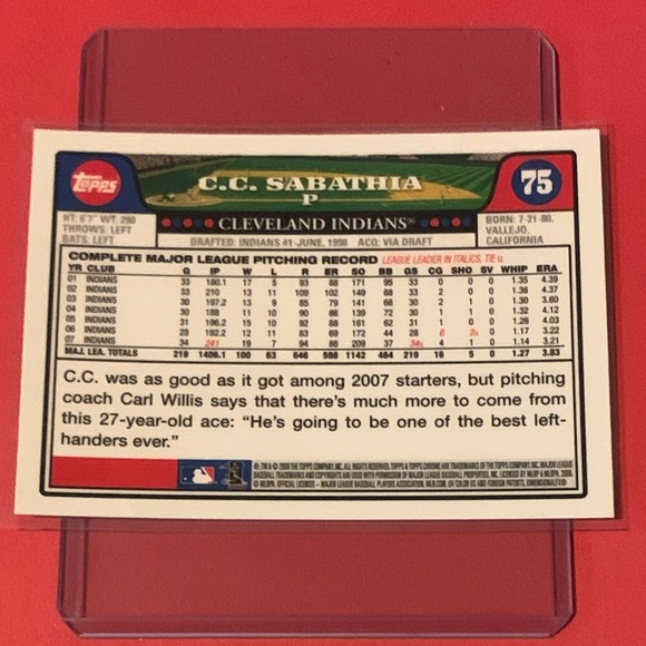 C. C. Sabathia #75 2008 Topps Chrome Baseball Trading Card - Picture 2 of 2
